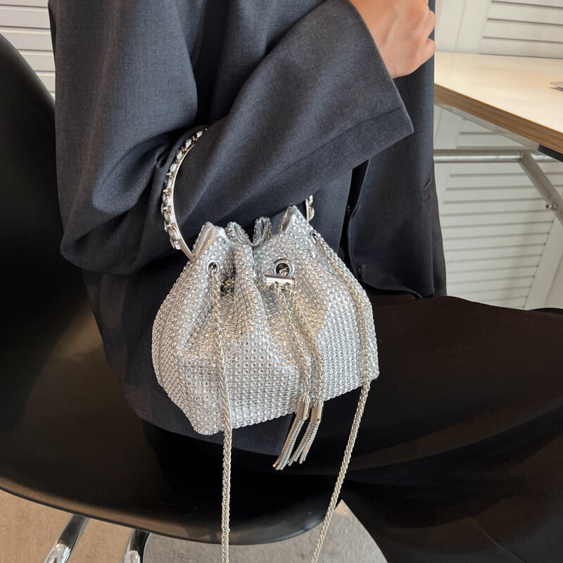 Luxury Designer Handbags And Purses Diamond Decorative Chain Shoulder Bucket Bags For Women Trendy Female Crossbody Evening Bag