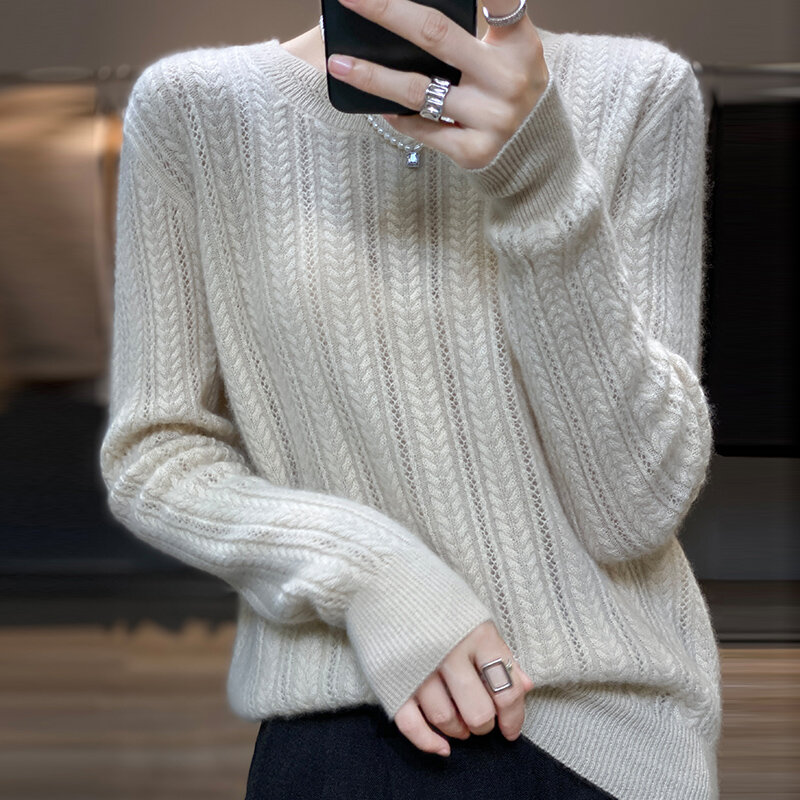 2022 autunno e inverno nuovo Hollow 100% lana maglione donna girocollo allentato Twist maglione corto fondo camicia
