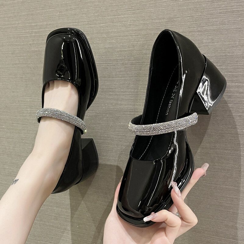 Crystal Straps High Heels Mary Janes Shoes Women 2022 Autumn Patent Leather Thick Heeled Pumps Woman Slip on Loafers Shoes Mujer