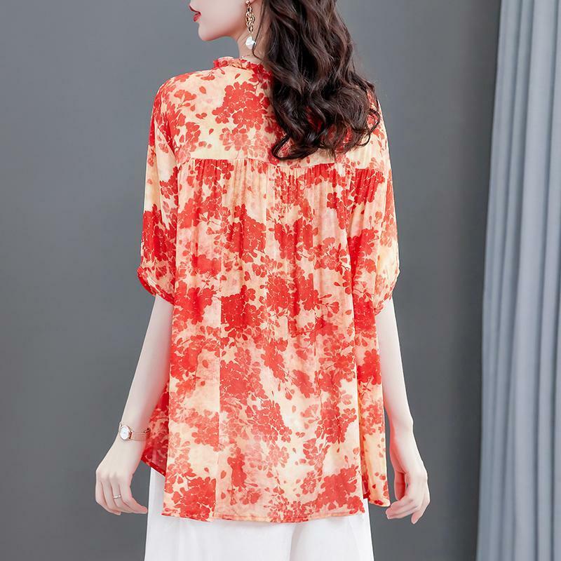 Blusa de gasa con estampado floral para mujer, camiseta pequeña de diseño de verano, blusa fina holgada de manga de cinco puntos con cuello redondo, 2022