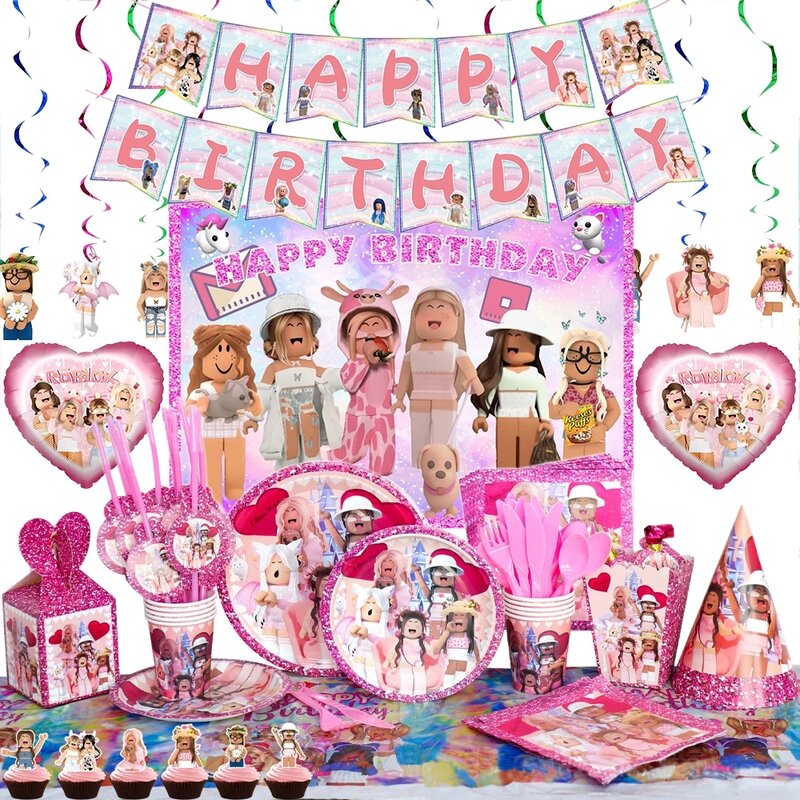 Pink Girls Perlengkapan Dekorasi Pesta Ulang Tahun Permainan Robot Balon Pesta Robloxs Piring Peralatan Makan Sekali Pakai Mainan Baby Shower