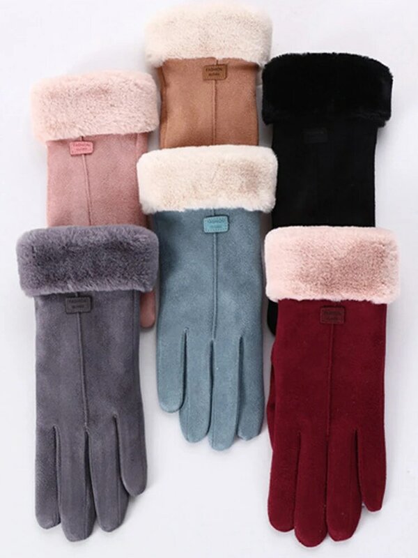 Женские хлопковые замшевые перчатки для сенсорных экранов, зимние теплые плотные плюшевые перчатки для верховой езды, ветрозащитные перча...