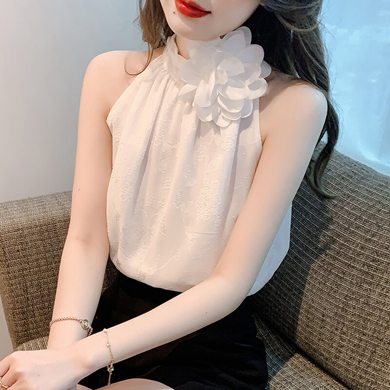 Blusa feminina com gola halter, tops sem mangas de chiffon, doce padrão floral, camisa branca da moda, roupas de verão, 26999