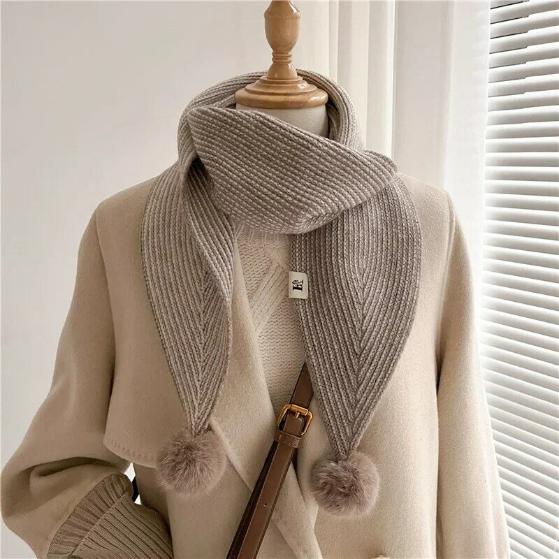 Теплый зимний узкий женский шарф 2022, роскошный дизайн, вязаный маленький шейный платок с шариком, женский шейный платок, шаль, шарф