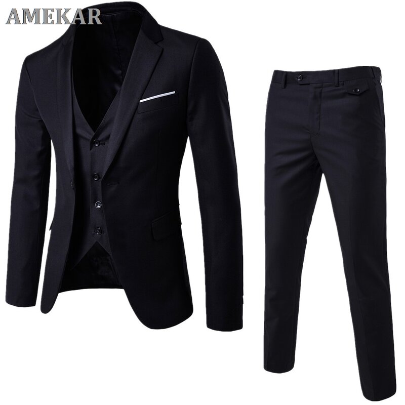 Мужской классический костюм из трех предметов, облегающий костюм для свадьбы, мужской пиджак и брюки, жилет, черный, серый, синий, бордовый ц...