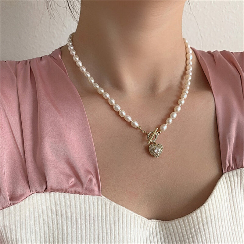 Ailodo Natural Freshwater Pearl Necklace For Women Luxury Cubic Zirconia Heart Pendant Necklace Elegant Party Wedding Jewelry
