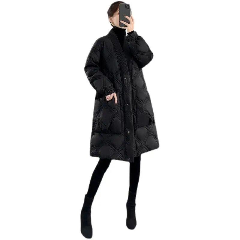 Ropa de mujer, abrigos de plumón decorados, chaqueta negra de longitud media que combina con todo, abrigo con cinturón y cuello en V, prendas de vestir exteriores gruesas 2022
