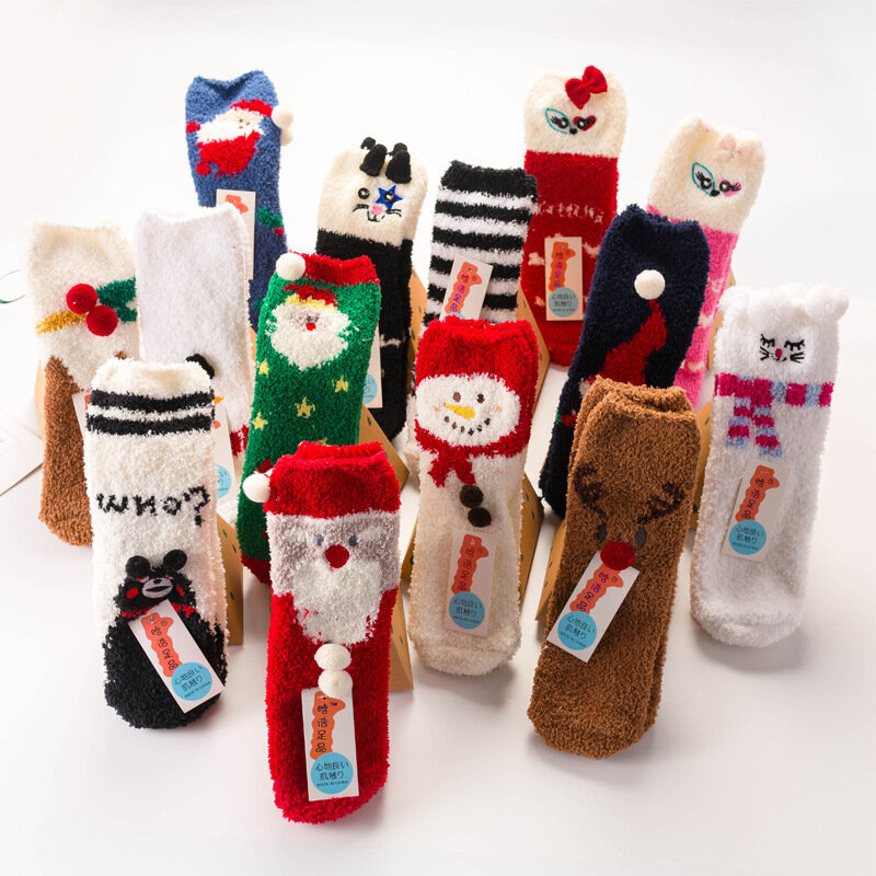 Cute Animal Design Deer Christmas socks Gift 3D Fluffy Coral Velvet Thick Warm Winter Sock per le donne regalo di capodanno Sox con scatola
