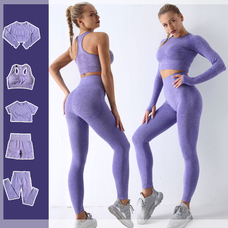 2/3/5 pçs das mulheres conjunto de yoga sem costura treino correndo ginásio vestir leggings de fitness manga longa activo wear feminino ternos esportivos