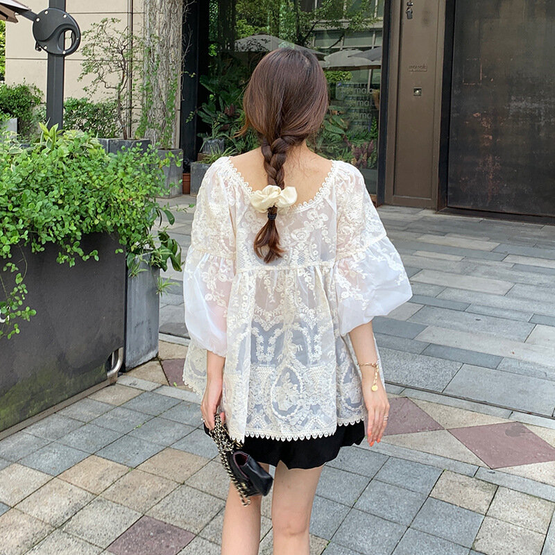 2022 Summer New Women's Top Solid Color Hollow Out Slightly Transparent Embroidered Baby Shirt Chiffon Shirt Boho Chic Blouse
