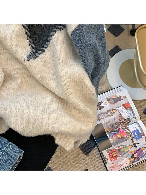 Suéter de manga larga para mujer, suéter de punto de retales, Tops de cuello redondo de mezclilla, suéter coreano para mujer, otoño e invierno, 2022