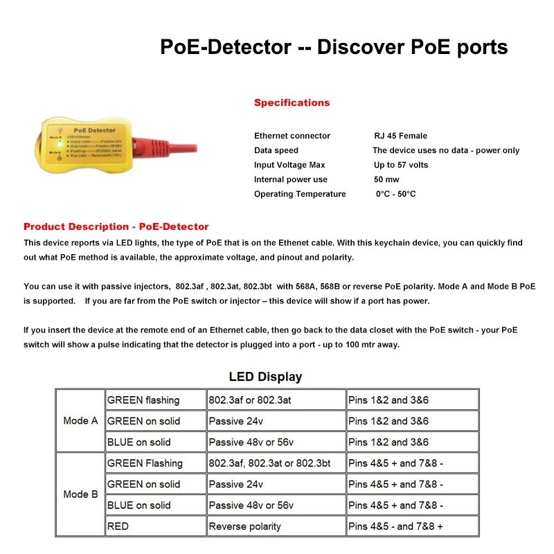 No battery Keychain Size PoE Detector with RJ-45 Connector PoE Tester LED Display passive /802.3af/at; 24v/48v/56v