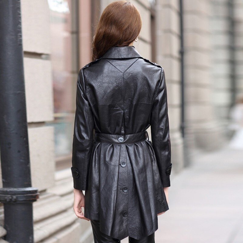 Jaqueta de couro legítimo de pele de cordeiro feminina, elegante, com cinto, jaqueta de ajuste fino longo, blusão de escritório