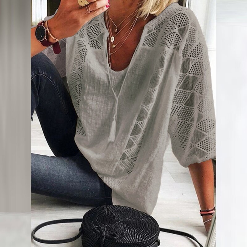 Women‘s Cotton Linen Tunic Tops V Neck 3/4 Sleeve Casual Loose T-Shirt Ladies Fashion Daily Clothing 2023