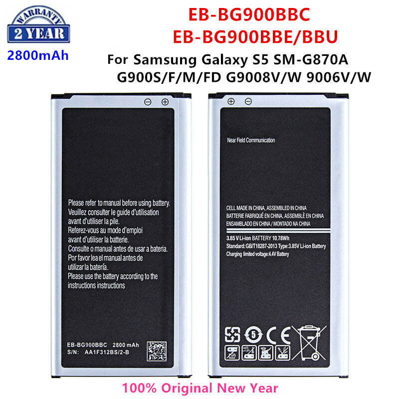 SAMSUNG-Bateria Original para Samsung Galaxy S5, EB-BG900BBC, EB-BG900BBE, BBU, 2800mAh, SM-G850A, G900S, F, M, FD, G9008V, W, 9006 V/W, NFC