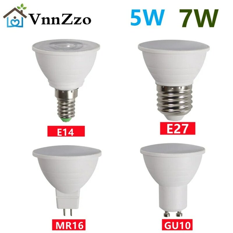 VnnZzo-foco de luz LED E27, Bombilla GU10, 5W, E14, 220V, MR16, 7W, gu 10, ampolla 2835