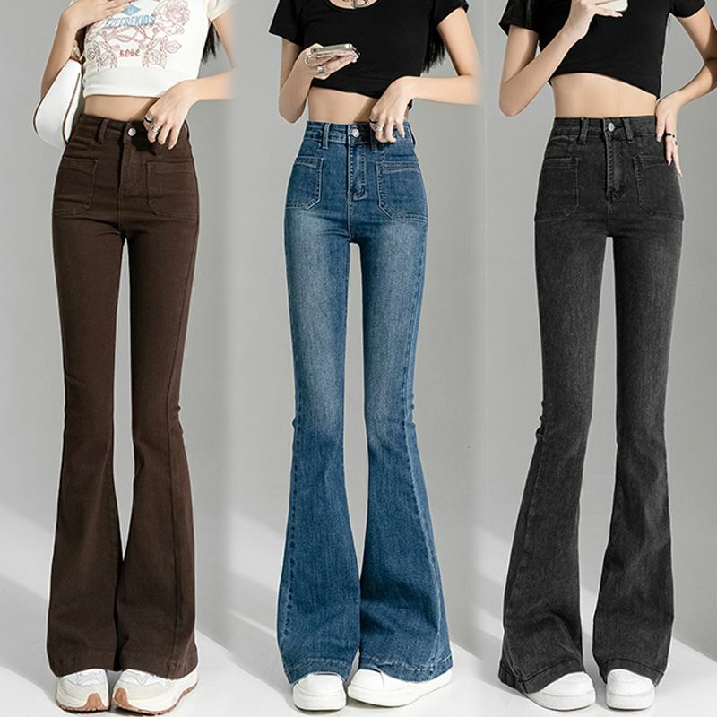 Jean en Denim pour femmes, style Vintage, taille haute, évasé, couleur unie, Slim, extensible, décontracté, nouvelle collection 2022