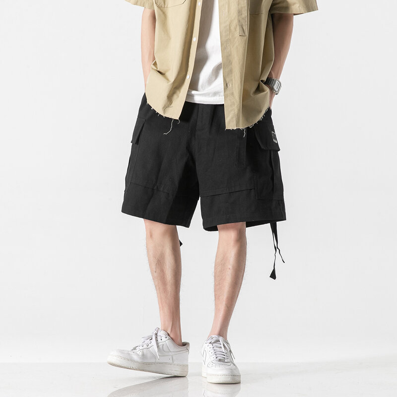 Celana Pendek Kargo Harajuku Fungsional Techwear Musim Panas Celana Kasual Lurus Longgar Streetwear Korea Pakaian Pria Hitam Hip Hop