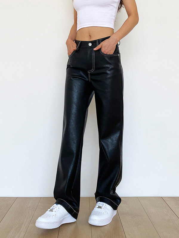 กางเกงหนังสีดำผู้หญิงมาใหม่ล่าสุด Luxury ฤดูหนาวหนา Faux Pu กางเกง Streetwear Y2k หลวมตรง Mom Fit กางเกงสบายๆ