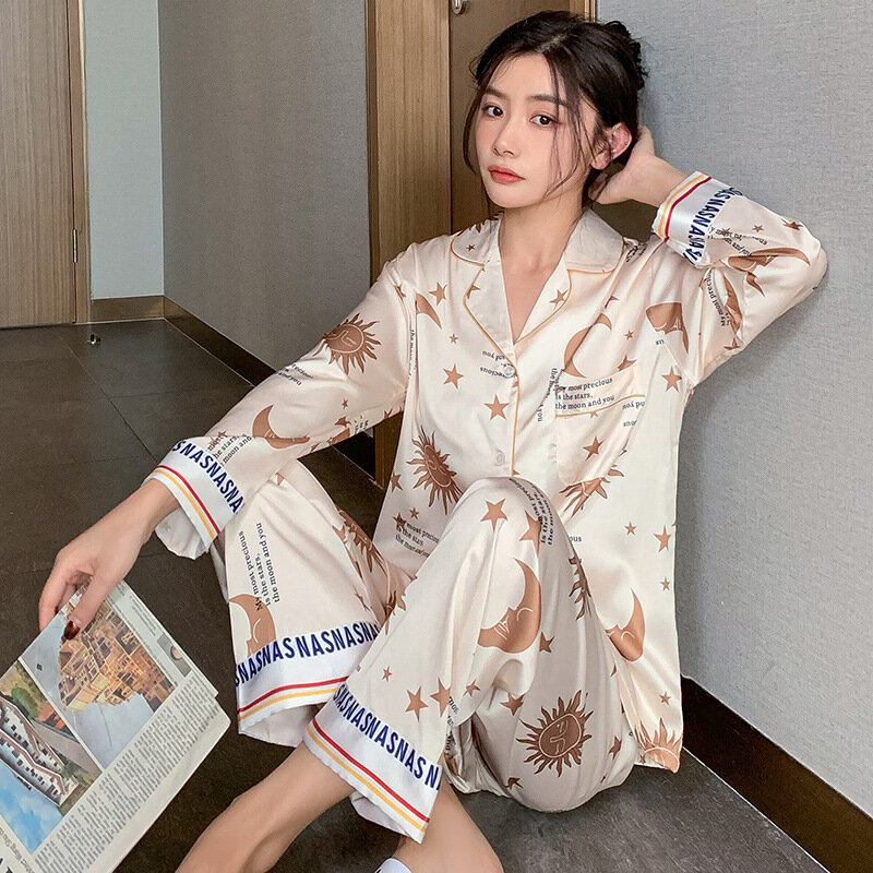2022 nova homewear cetim chiffon pijamas feminino primavera verão manga comprida lapela fina solta legal terno de duas peças loungewear
