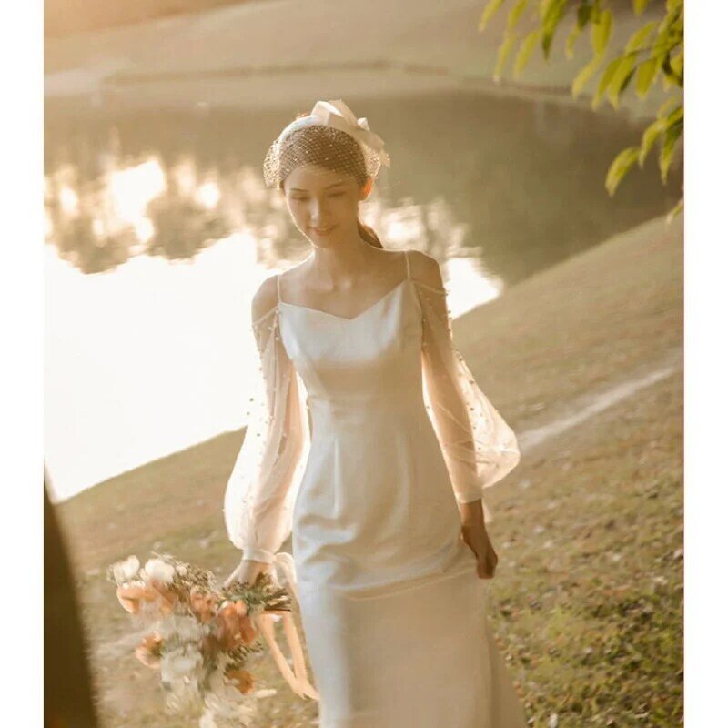 Französisch Riemen Licht Hochzeits kleid Braut Mori Super Fee einfache Bankett weibliche Abnehmen Retro Schleier l0780