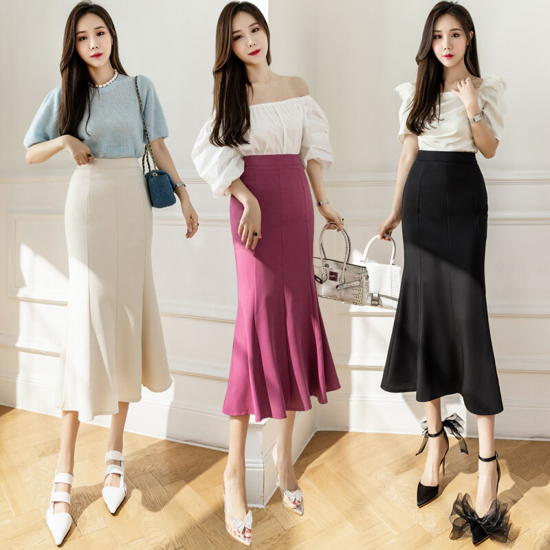 Wisher & Tong – Jupe sirène noire élégante pour femmes, taille haute, à volants, mode coréenne, mi-longue