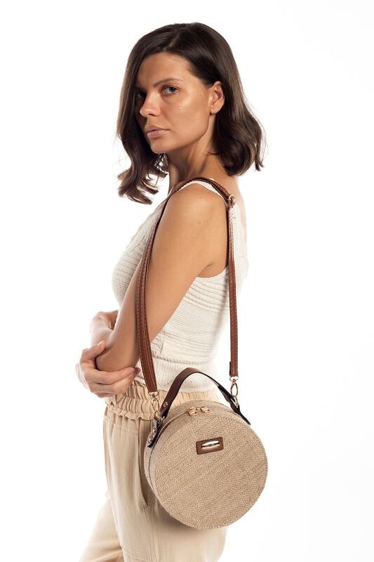 Women's round straw shoulder bag, adjustable long handle bag, shoulder strap, shoulder bags