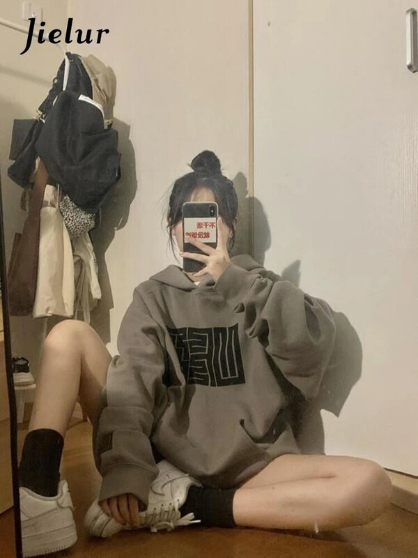 Jielur outono bolso solto hoodies feminino manga longa pulôver com capuz cinza moletom mulher moda casual fino streetwear M-2XL