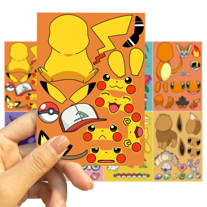 Autocollants de puzzle de visage de Pokemon pour enfants, autocollants d'anime drôle, assemblage de Pikachu, jouets pour garçons, cadeaux pour filles, bricolage, 16 feuilles