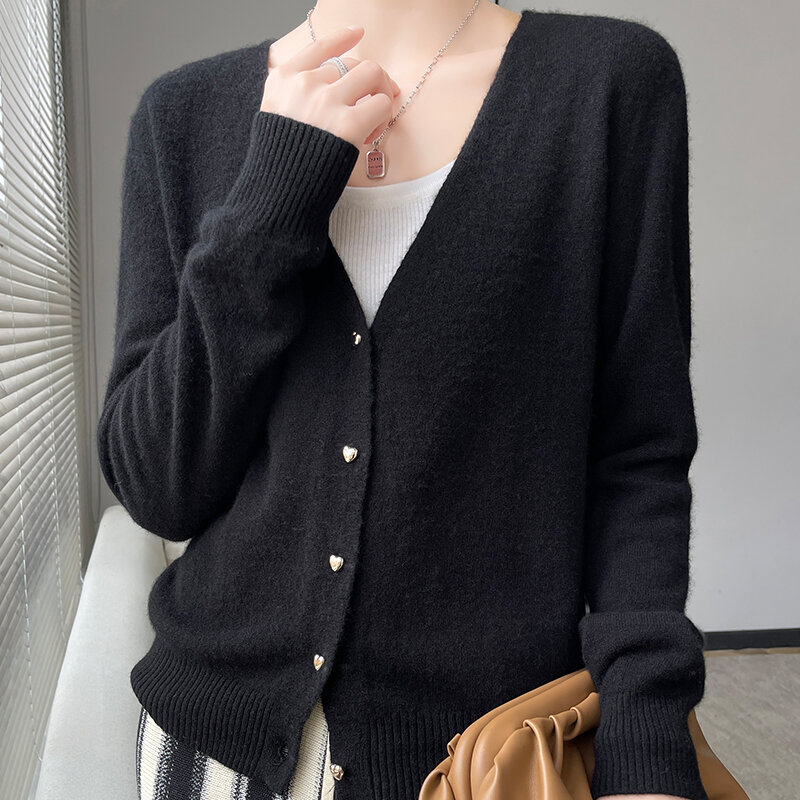 100% Pure Wool Cardigan Coat Women's Autumn And Winter New V-Neck Loose Sweater Casual Sweater Outside