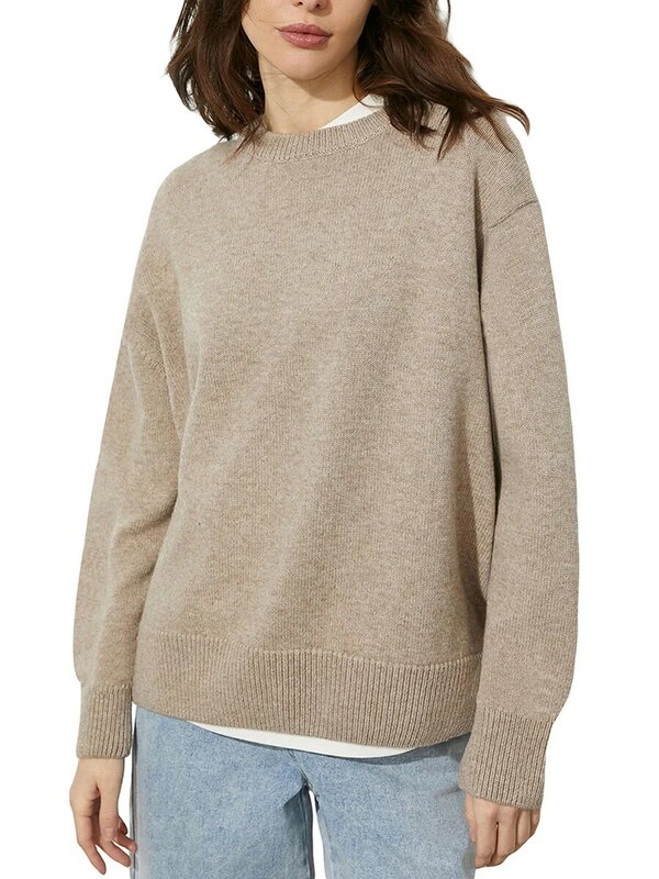 Осенние свитера для женщин 2023, однотонные вязаные топы с длинным рукавом и круглым вырезом, оверсайз пуловер в рубчик с напуском, джемперы
