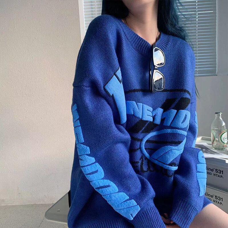 Women Klein Blue Knitting Sweater Round Neck Letter Printing Long Sleeves Casual Vintage Fashion Baggy Ladies Tops Autumn