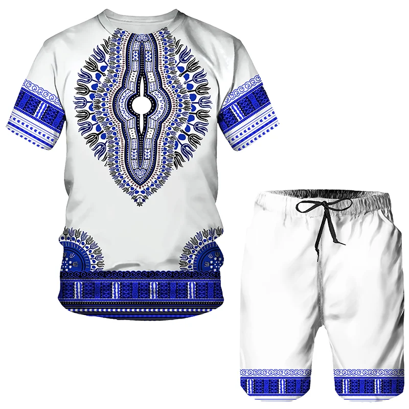 Celana Pendek Pria Kasual Gambar Cetak Afrika 3D Musim Panas Mode Pakaian Pria Kaus Hip Hop Gaya Antik + Set Olahraga Pria Celana Pendek