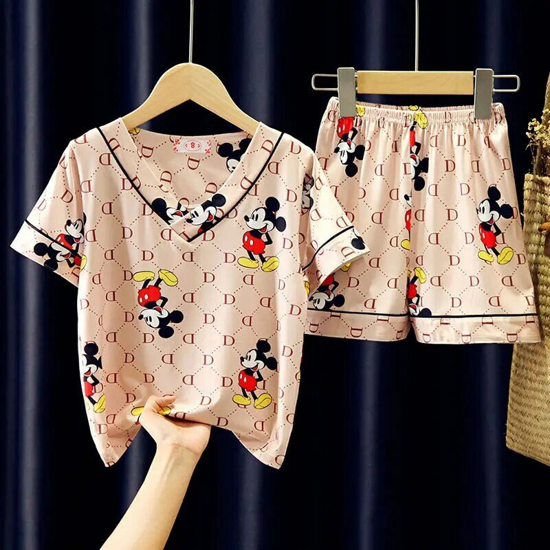 Ensemble de pyjama Mickey Mouse Winnie l'ourson pour enfants, vêtements d'été fins pour garçons et filles, col en v, manches courtes