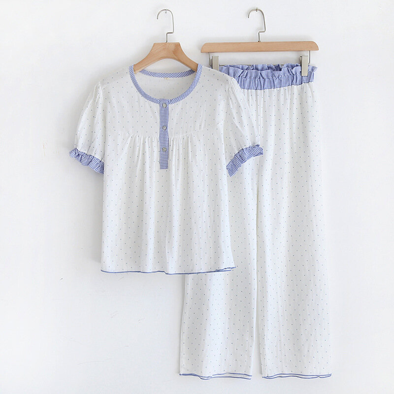 Algodão Verão Pijama Set Mulheres Polka Dots Pullover Calças de manga curta Gaze dupla cores contrastantes Primavera Fino Homewear