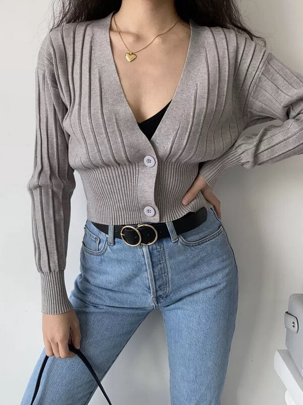 Moda profunda v botão até cardigans de malha moda manga longa recortada suéteres fino outono outerwear feminino malha cardigans