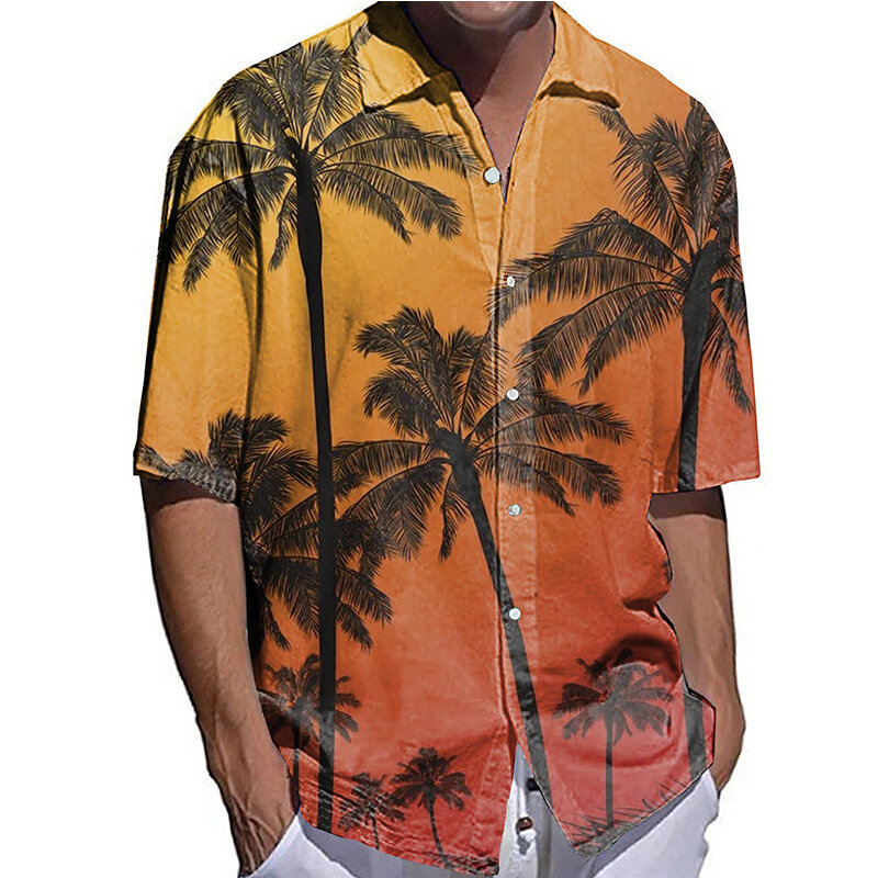 Kemeja Pria Mode Kemeja Kasual Ukuran Besar Atasan Setengah Lengan Motif Daun Baju Pria Blus Kardigan Sejuk Gaya Hawaii High-End