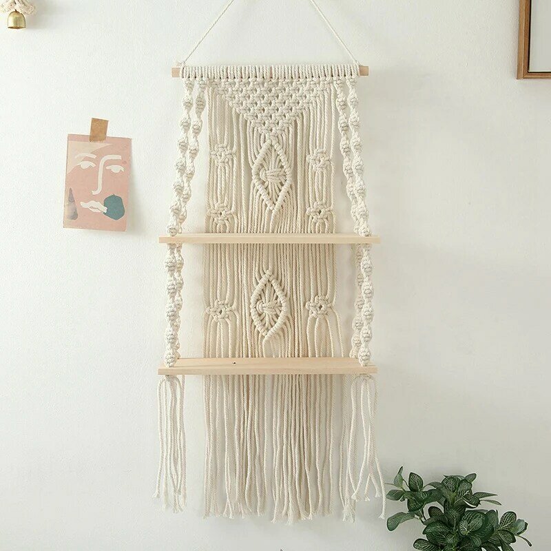 Handmade พู่ Macrame แขวนผนังชั้นวาง Boho เชือกทอ Tapestry ไม้แขวนเสื้อชั้นวางของ Home Room Decor