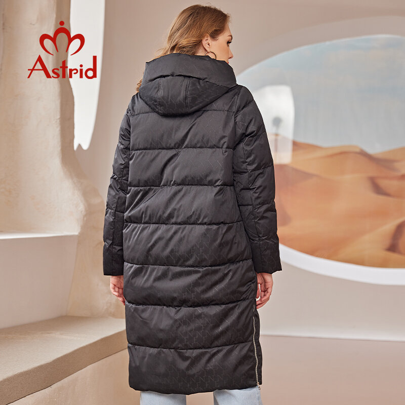 Jaket Musim Dingin Astrid Mantel Wanita 2022 Jahitan Busana Ukuran Besar Panjang Pakaian Wanita Bertudung Celah Ritsleting Jaket Wanita Tebal