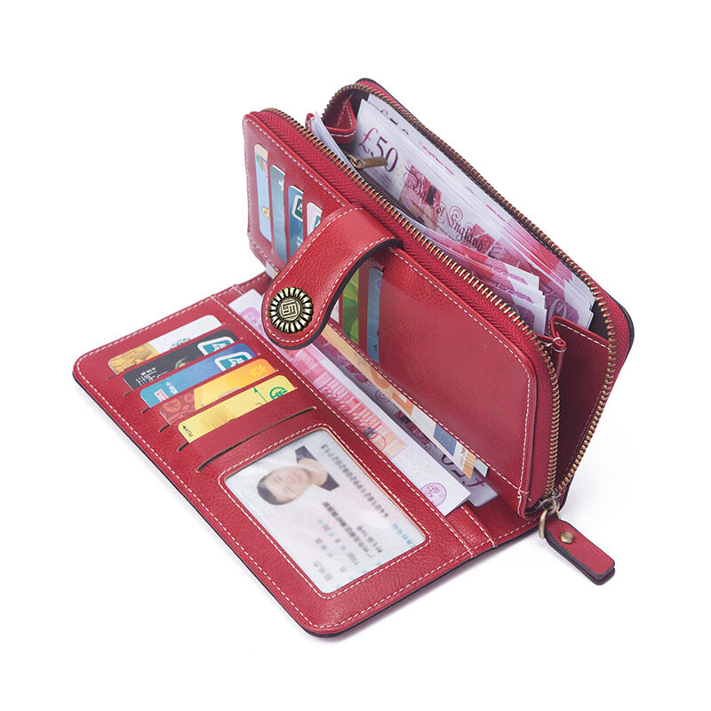 Sentiblos portfel skórzany o dużej pojemności RFID Bloking Trifold torebka dla kobiet z zamkiem błyskawicznym