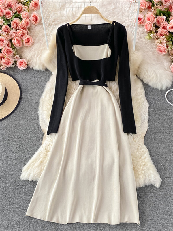 Square-neck Short Long-sleeve Top + Knitted Suspender Dress Two-piece Women's Spring And Summer New Mid-length Skirt Suit Female