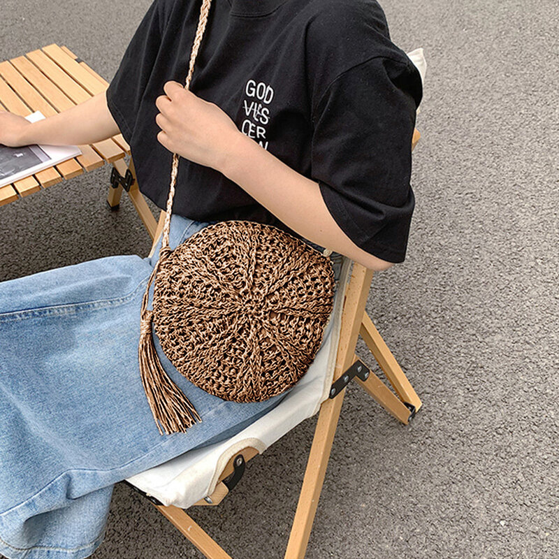 Women Handmade Woven Straw Crossbody Bag Round Square Rattan Handbag Ladies Summer Travel Beach Pouch Small Messenger Purse