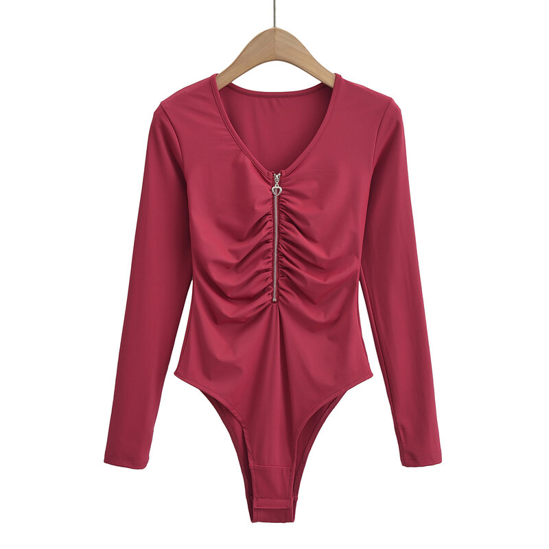 V 넥 지퍼 주름 단색 점프 슈트 여성용, 긴팔 2023 신상 패션