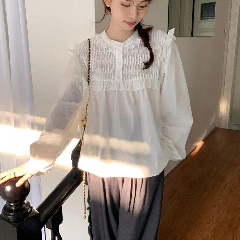 Nicho francês manga comprida estilo de fadas design único, camisa doce branca, camisa feminina de boneca high-end, blusa primavera e outono