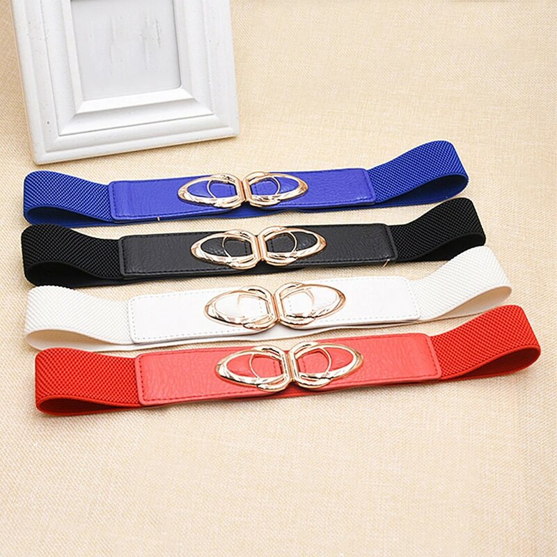Cinturilla elástica de cuero PU para mujer, correa de Color liso, hebilla de Metal, cinturón ancho, accesorios de ropa