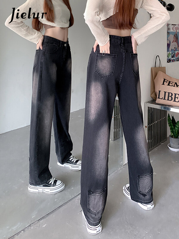 Jielur gradiente preto calças de brim de cintura alta das mulheres outono nova reta denim calças rua solta casual perna larga feminino S-XL