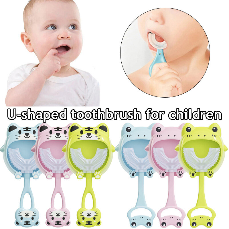 Escova de dentes macia do silicone com suporte para crianças, limpeza oral, U-shape, saúde, beleza, crianças, 360 °, 2023