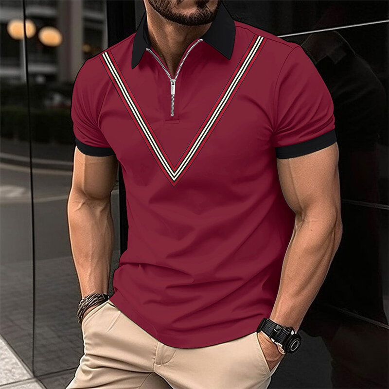 Nowa koszulka Polo męska koszulka Polo z krótkim w okładce w stylu V haft na co dzień koszula męska koszulka Polo na klapy z zamkiem błyskawicznym