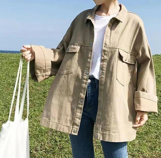 Café retro denim jaqueta feminina versão coreana solto e simples harajuku casual denim jaqueta moda roupas de rua