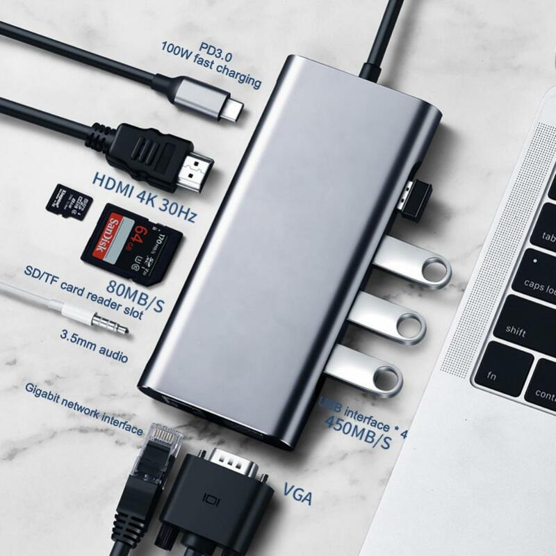 محول محطة إرساء RYRA 5Gbps USB C Hub 11 في 1 إلى 4K HDMI متوافق مع إيثرنت SD/TF USB 2.0 3.0 Hub للكمبيوتر المحمول MacBook Pro